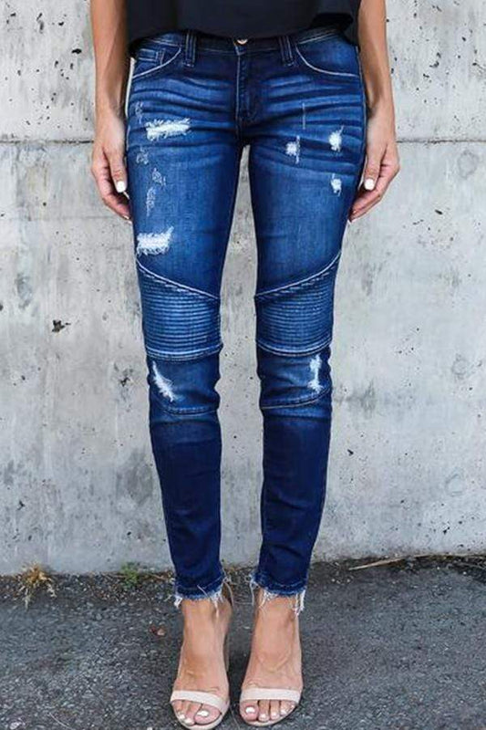 KittenAlarm - Regular Waist Solid Color Skinny Fit Hole Jeans