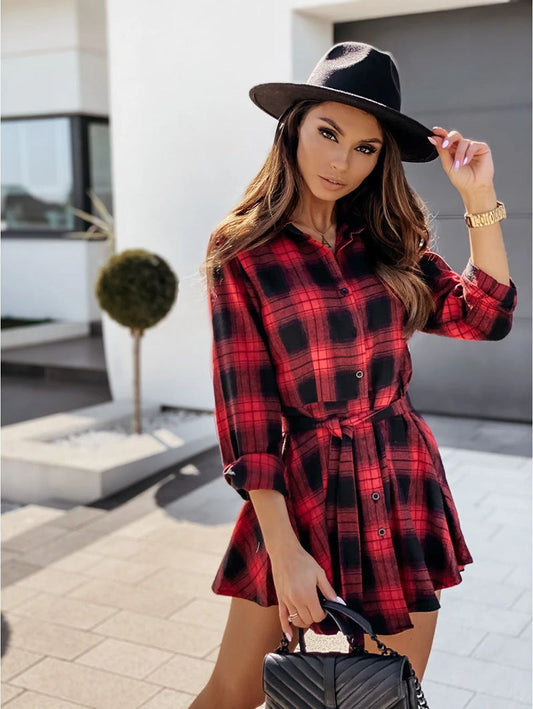 Riana Cotton Plaid Tie Shirt Dress - Navy - FINAL SALE