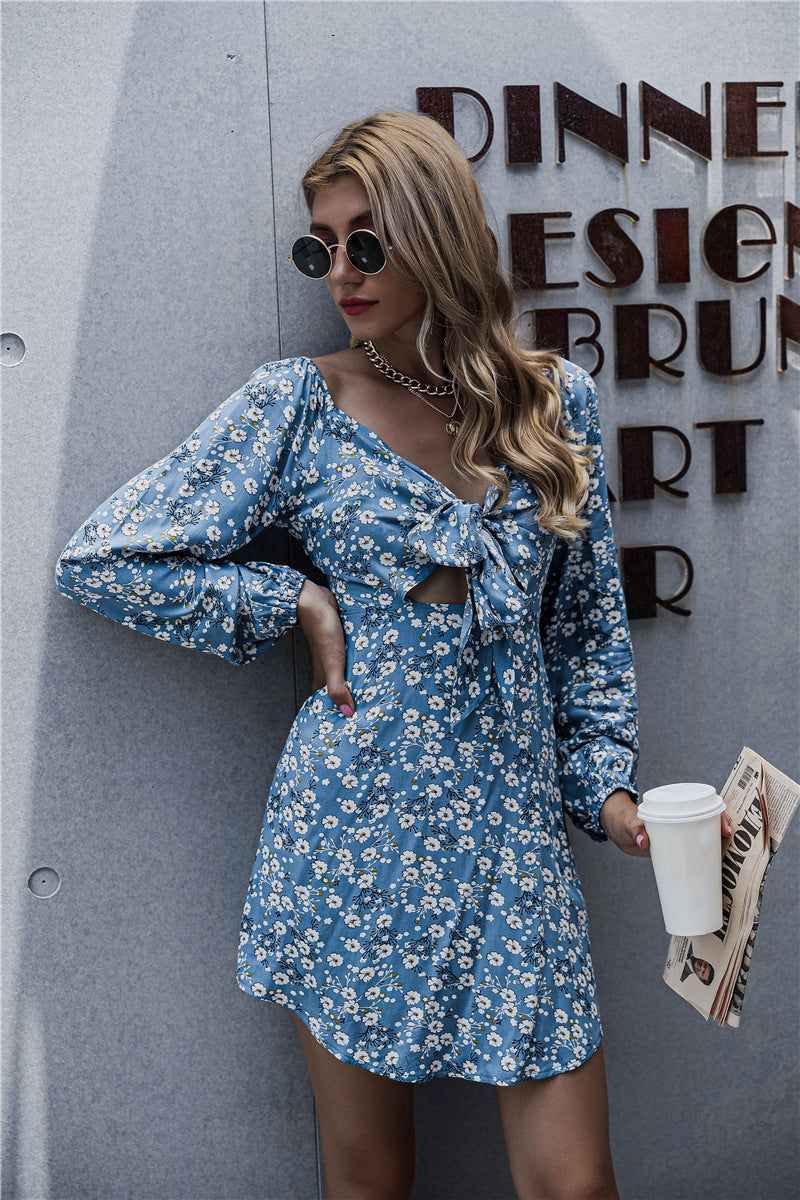 Springsteen Floral Tie Front Cutout Dress - Blue