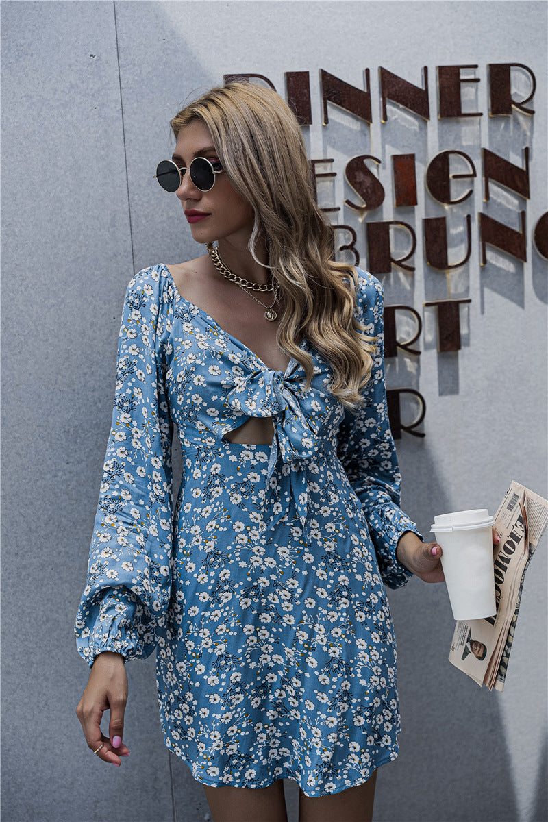 Springsteen Floral Tie Front Cutout Dress - Blue