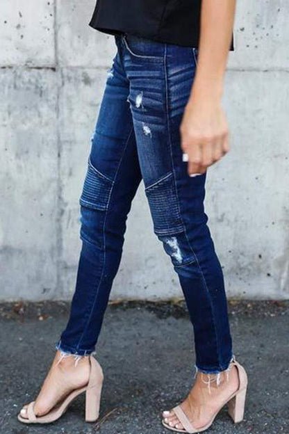 KittenAlarm - Regular Waist Solid Color Skinny Fit Hole Jeans