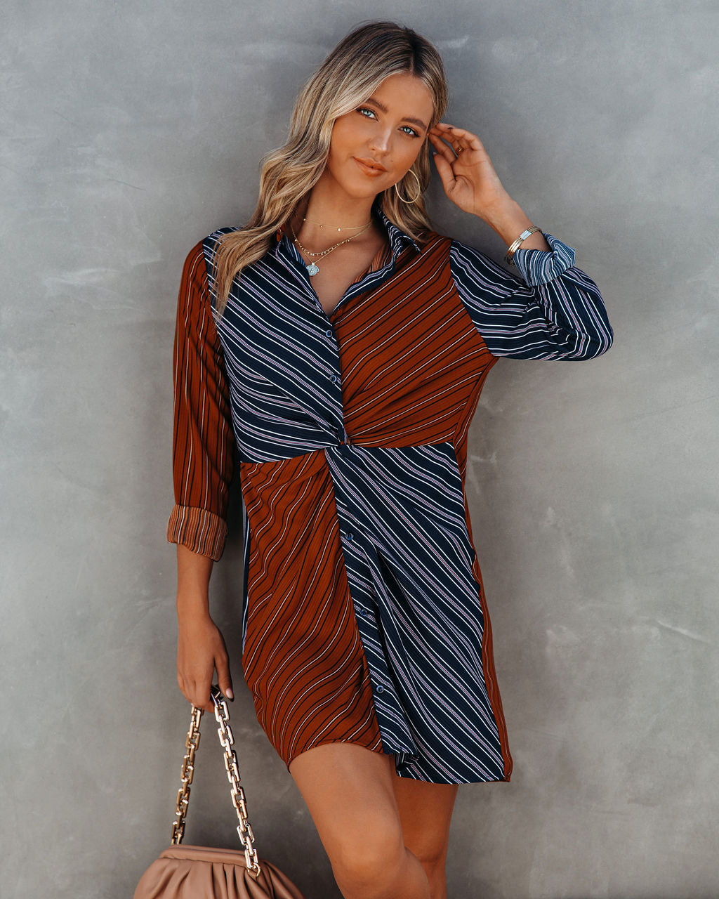 Abby Twist Front Striped Shirt Dress