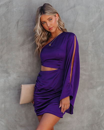 KittenAlarm - Caydan Satin One Shoulder Cutout Dress - Plum - FINAL SALE