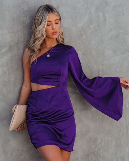 KittenAlarm - Caydan Satin One Shoulder Cutout Dress - Plum - FINAL SALE