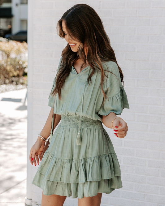 Slow It Down Smocked Tassel Dress - Sage