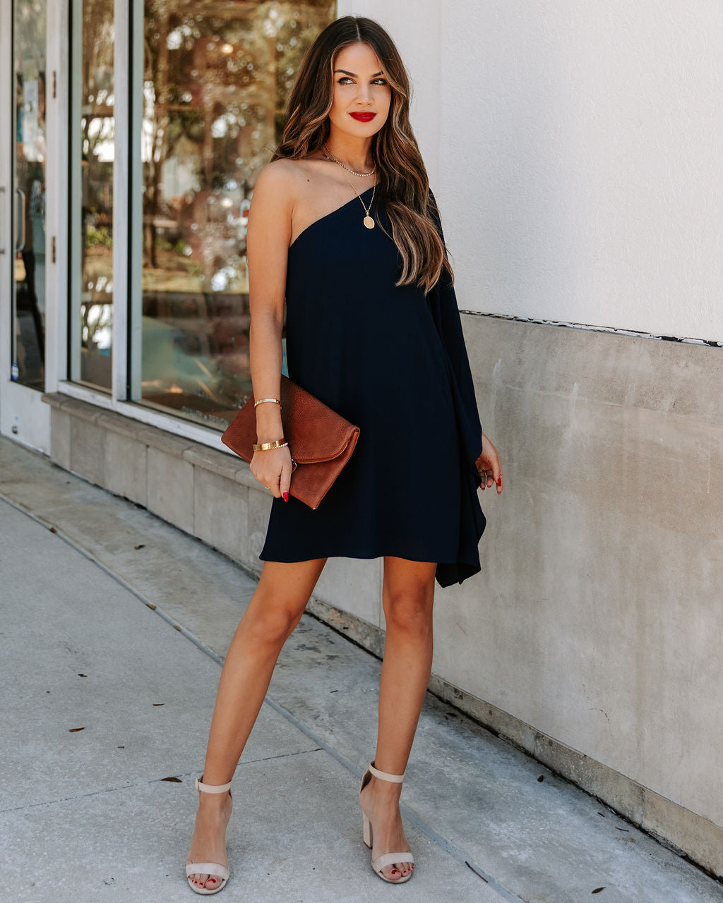 Side To Side One Shoulder Statement Dress - Navy