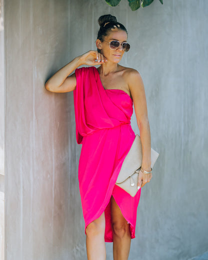 Brava Satin One Shoulder Drape Dress - Paradise Pink - FINAL SALE