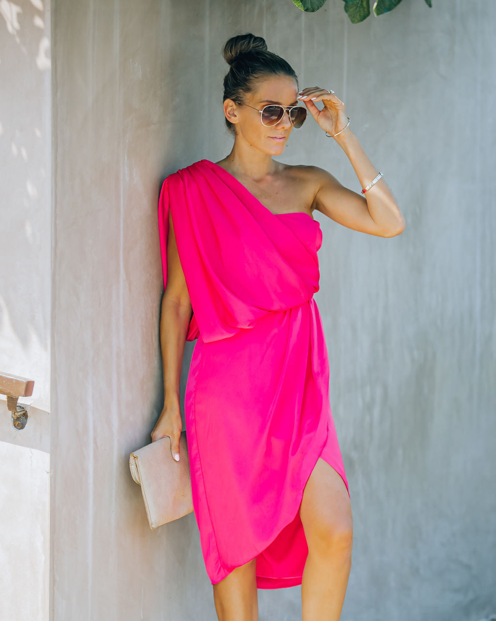 Brava Satin One Shoulder Drape Dress - Paradise Pink - FINAL SALE