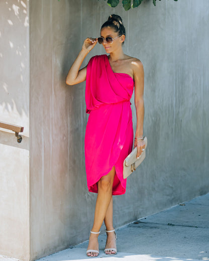 Brava Satin One Shoulder Drape Dress - Paradise Pink - FINAL SALE