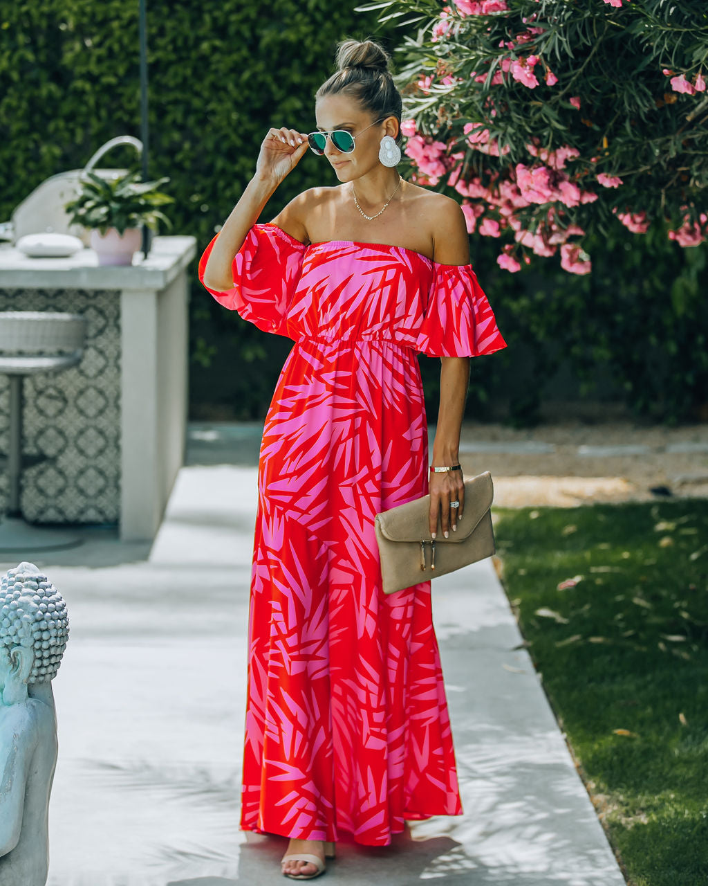 Royal Villa Palm Print Off The Shoulder Maxi Dress