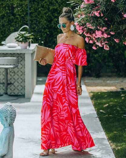 Royal Villa Palm Print Off The Shoulder Maxi Dress