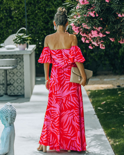Royal Villa Palm Print Off The Shoulder Maxi Dress