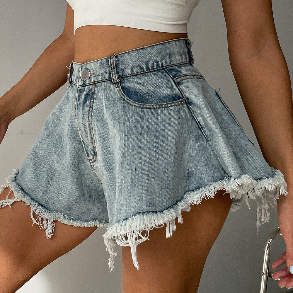 KittenAlarm - New Women Denim Shorts With Holes And High Waist Loose Tassel Jeans S-XXL