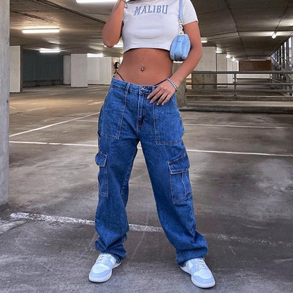 KittenAlarm - Y2k Cargo Pants Women's Jeans New Fashion Baggy Jeans Denim Overalls 90s Low Rise Pocket Straight Leg Trousers Streetwear