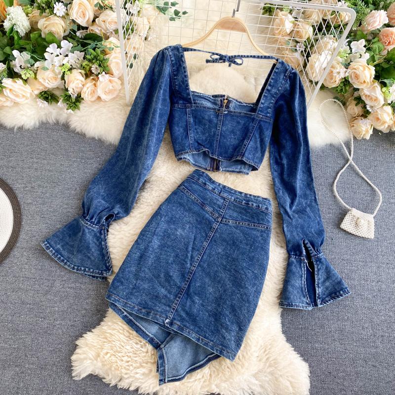 KittenAlarm - Trends high quality Spring Autumn Two Piece Set  Women Sexy Jeans 2 Two Piece Set Long Sleeve Crop Tops And Bodycon Short Denim Skirt Suits for Woman