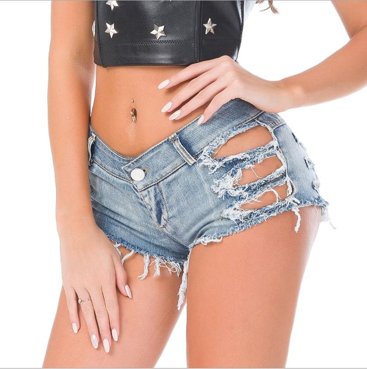 KittenAlarm - Sexy Low Waist Bandage Denim Ripped Hole Short Jeans Women Mini Skinny Sexy Club DJ Dance Shorts New White Blue Black