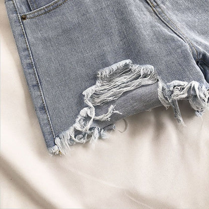 KittenAlarm - Casual High Waist Denim Shorts Women Summer  Pocket Tassel Hole Ripped jeans Short Female Femme Short Pants Women