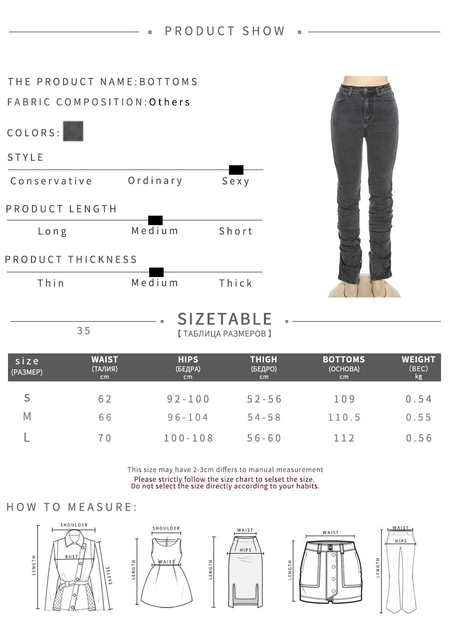 KittenAlarm - Grey Split Denim Stacked Pants Zip Up Baddie Style Streetwear Pencil Jeans For Women High Waist Bodycon Ruched Trousers