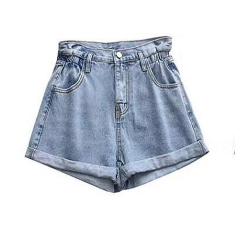 KittenAlarm - New Summer High Waist Denim Shorts Women Casual Loose Ladies Fashion Plus Size Elastic Waist Wide Leg Short Jeans Female