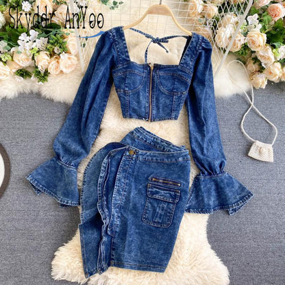 KittenAlarm - Trends high quality Spring Autumn Two Piece Set  Women Sexy Jeans 2 Two Piece Set Long Sleeve Crop Tops And Bodycon Short Denim Skirt Suits for Woman
