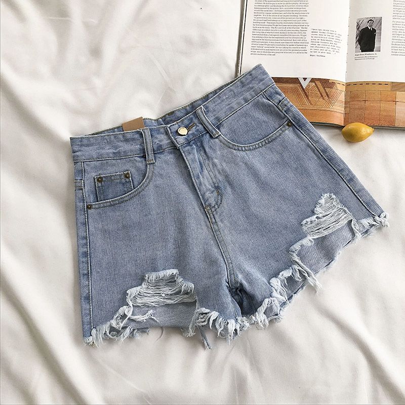 KittenAlarm - Casual High Waist Denim Shorts Women Summer  Pocket Tassel Hole Ripped jeans Short Female Femme Short Pants Women