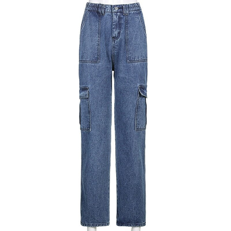 KittenAlarm - Womens Fashion Trends Pockets Patchwork Baggy Jeans Fashion Streetwear 100% Cotton Women Denim Trouser Loose Cargo Pants Korean Jeans Harajuku