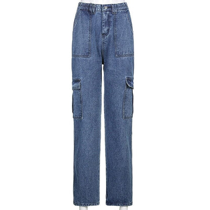 KittenAlarm - Womens Fashion Trends Pockets Patchwork Baggy Jeans Fashion Streetwear 100% Cotton Women Denim Trouser Loose Cargo Pants Korean Jeans Harajuku