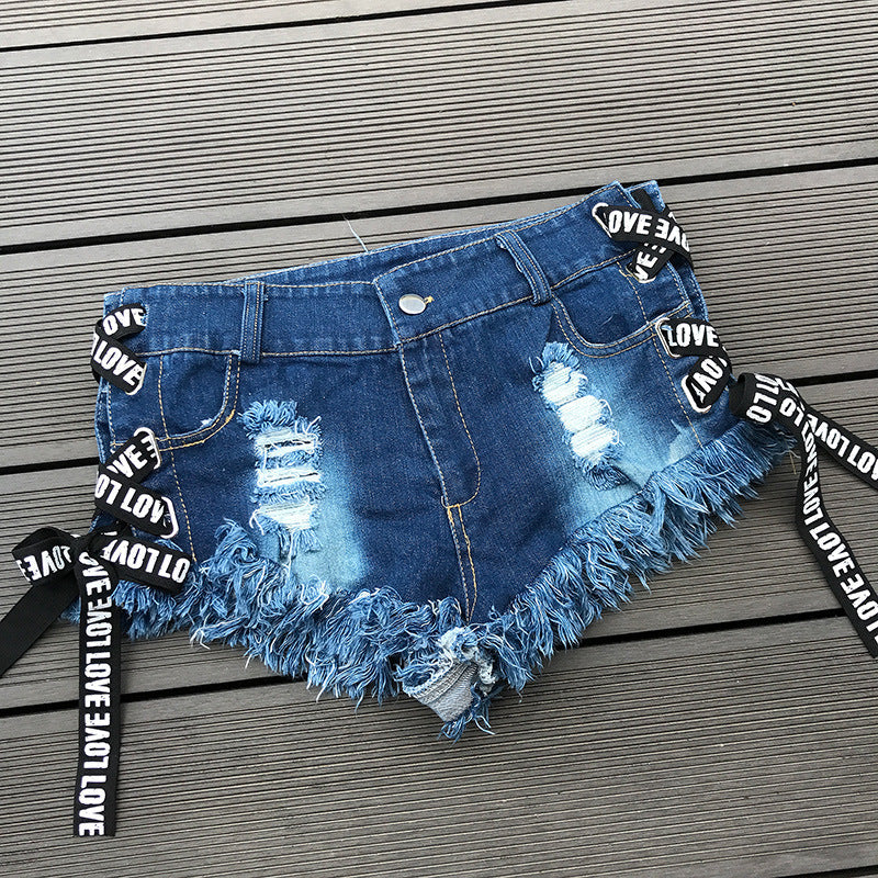 KittenAlarm - Sexy Low Waist Bandage Denim Ripped Hole Short Jeans Women Mini Skinny Sexy Club DJ Dance Shorts New White Blue Black