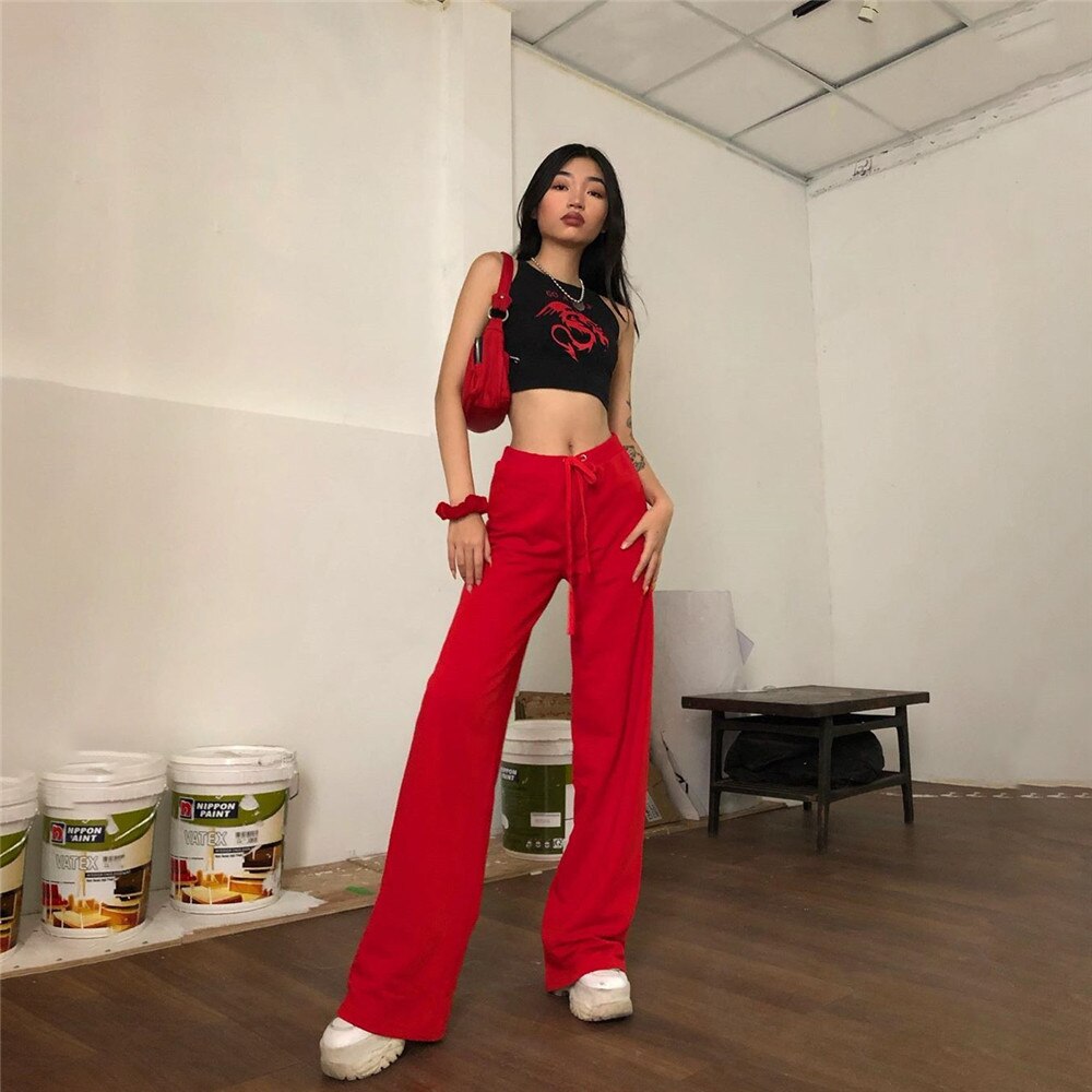 KittenAlarm - mojoyce High Waist Wide Leg Pants Women Streetwear Letter Embroidery Velvet Red Black Sweatpants Harajuku Trousers C94-AC97