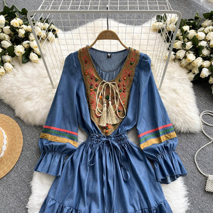 KittenAlarm - Quality Embroidered Denim Dress 2024 Summer Autumn National Korean Pleated A Line Long Sleeve Cowboy Dress Women Jeans Dress