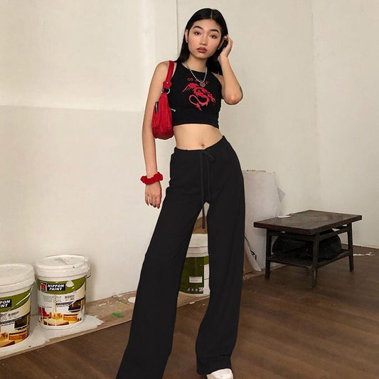 KittenAlarm - mojoyce High Waist Wide Leg Pants Women Streetwear Letter Embroidery Velvet Red Black Sweatpants Harajuku Trousers C94-AC97