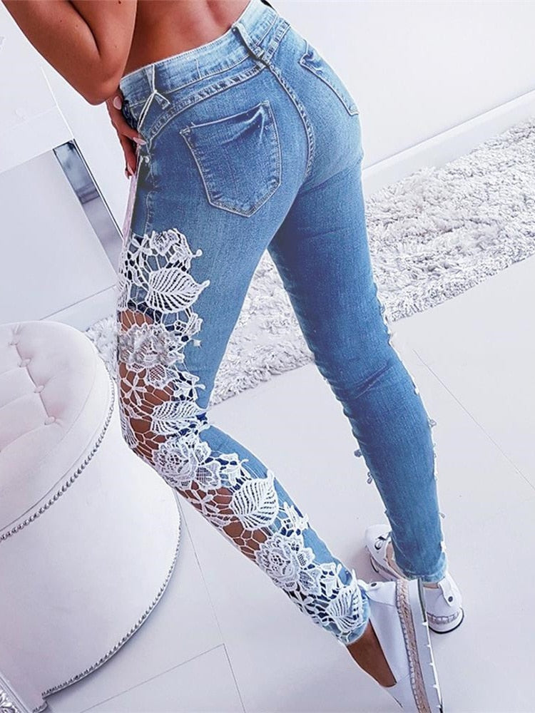 KittenAlarm - Plus Size 3XL Lace Floral Crochet Hollow-Out Jeans Autumn Women Elegant Sexy Denim Pencil