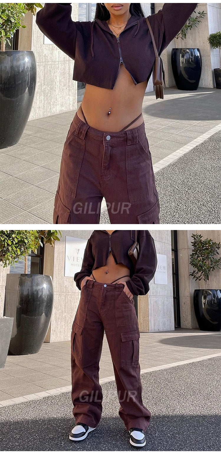 KittenAlarm - Y2k Cargo Pants Women's Jeans New Fashion Baggy Jeans Denim Overalls 90s Low Rise Pocket Straight Leg Trousers Streetwear