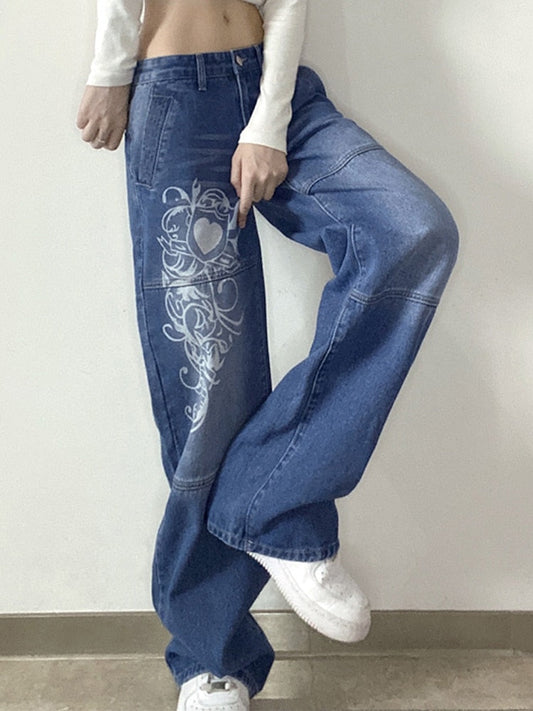KittenAlarm - New Printed Baggy Y2K Jeans Women's Low Waist jeans Autumn Winter Oversize Wide Leg Baggy Pants Casual Cargo Trousers