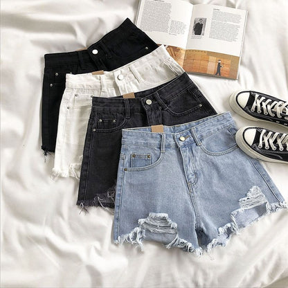 KittenAlarm - Casual High Waist Denim Shorts Women Summer  Pocket Tassel Hole Ripped jeans Short Female Femme Short Pants Women