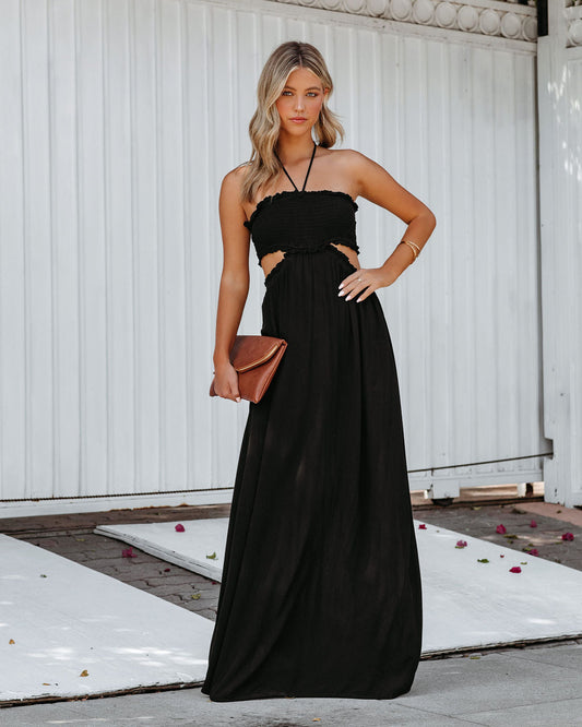 Hit The Beach Smocked Halter Maxi Dress - Black