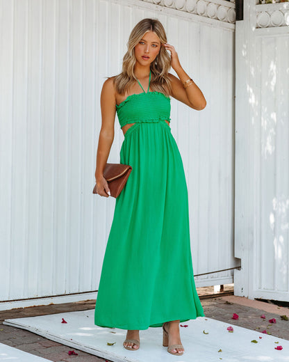 Hit The Beach Smocked Halter Maxi Dress - Kelly Green