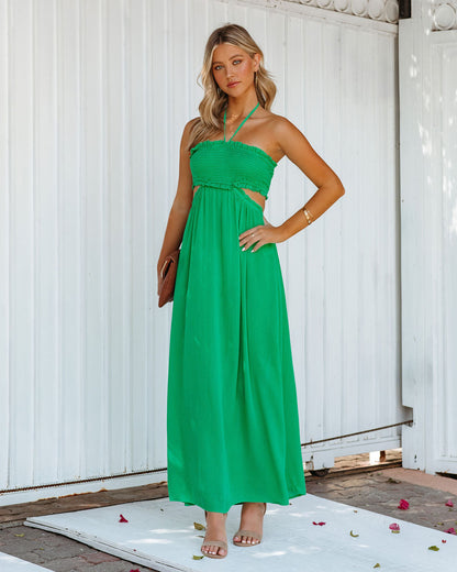 Hit The Beach Smocked Halter Maxi Dress - Kelly Green