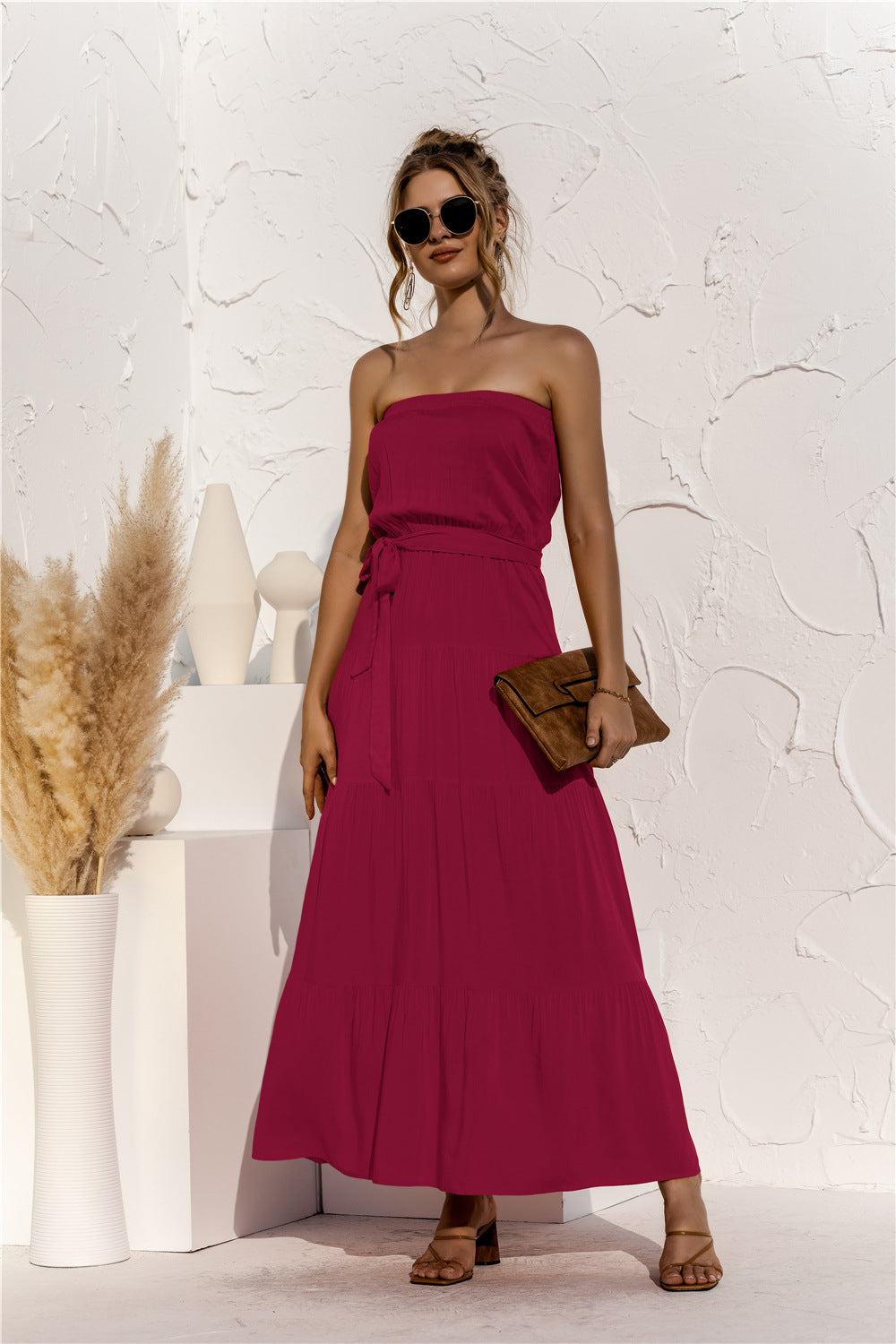 Free Falling Strapless Tiered Maxi Dress - Merlot