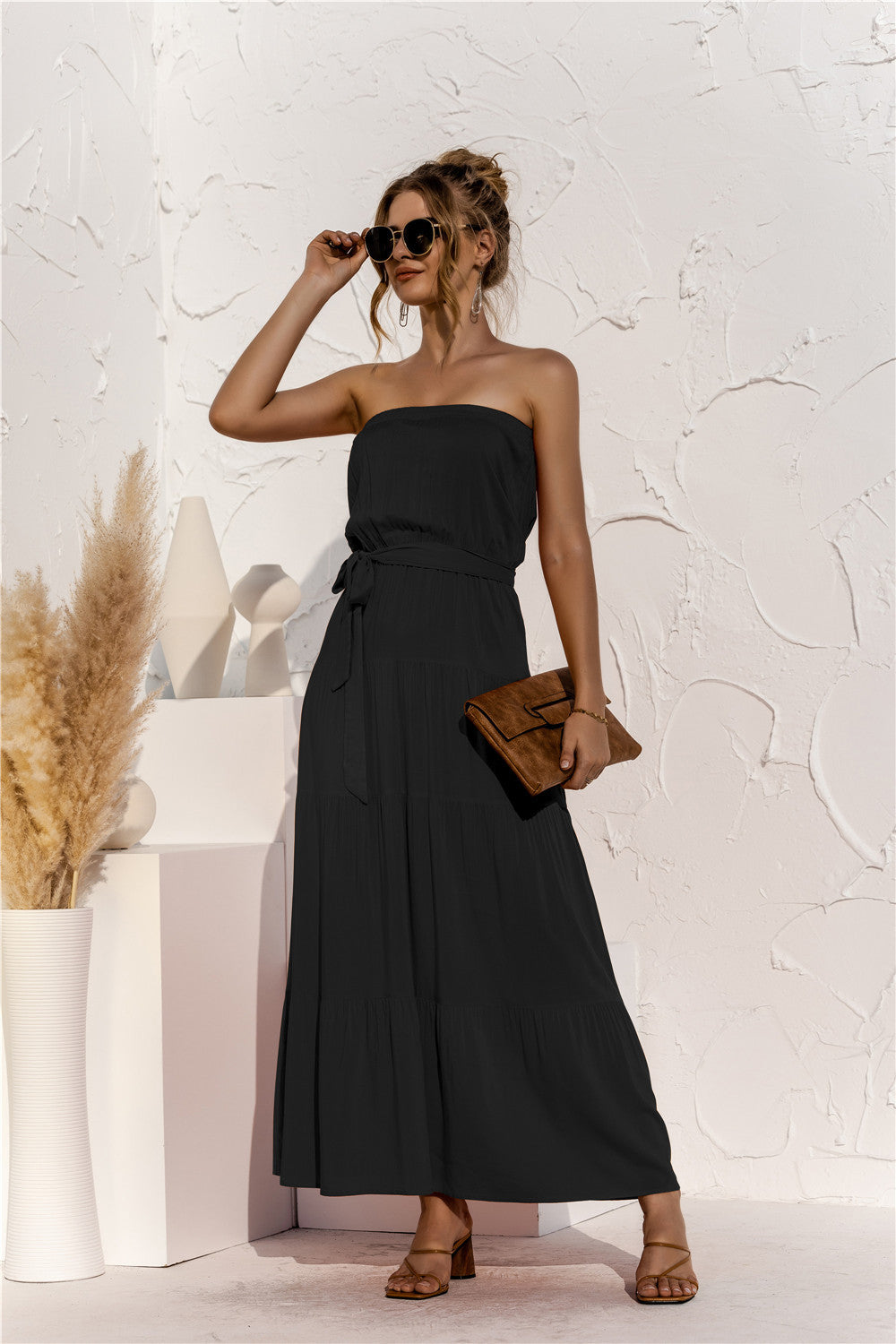 Free Falling Strapless Tiered Maxi Dress - Olive