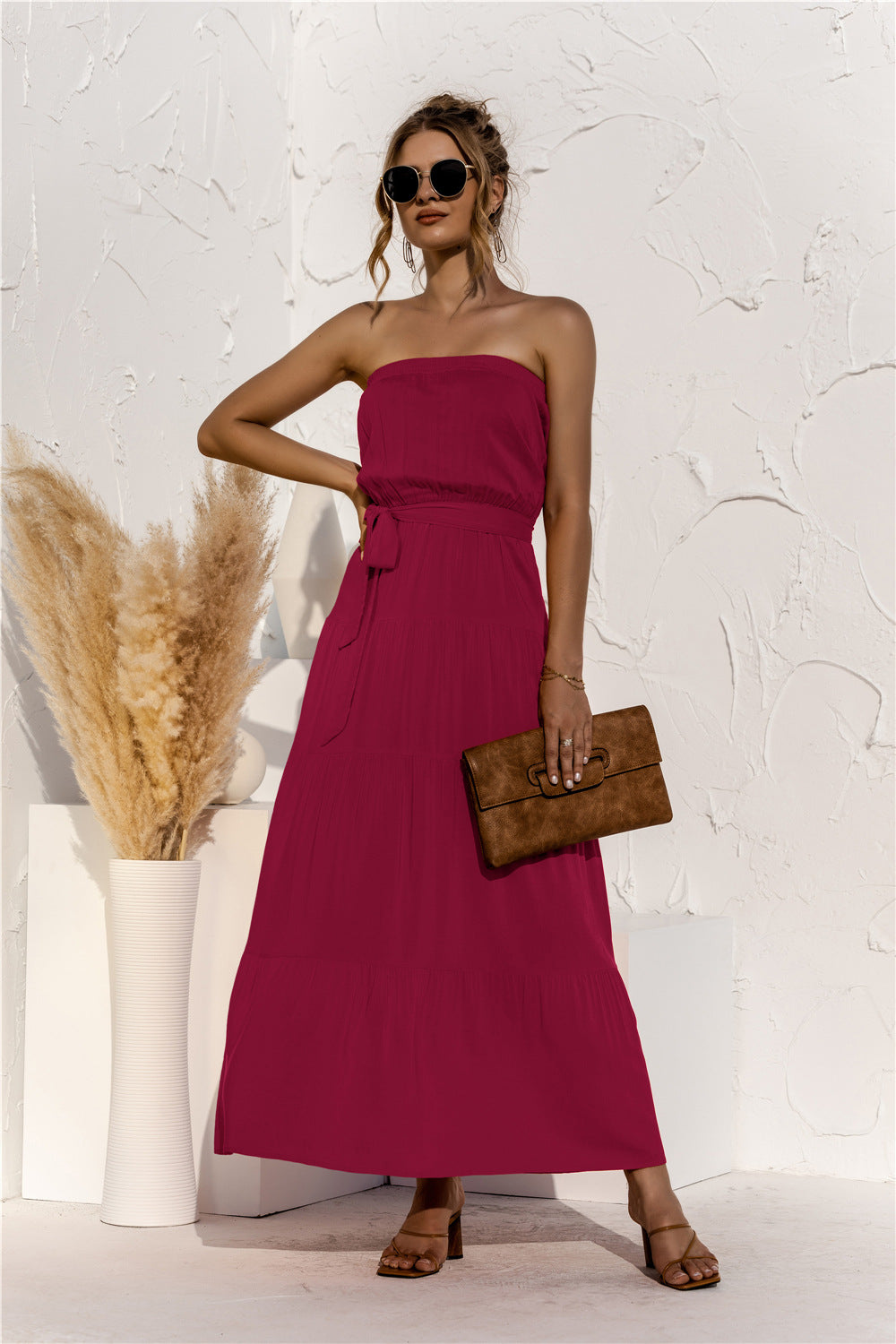 Free Falling Strapless Tiered Maxi Dress - Merlot