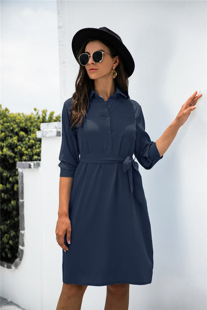 Office Chic Button Down Shirt Dress - Navy