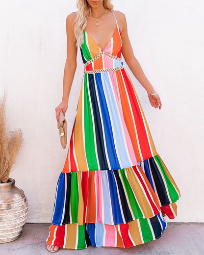 Fiesta To Siesta Crochet Striped Maxi Dress - Yellow Orange Multi