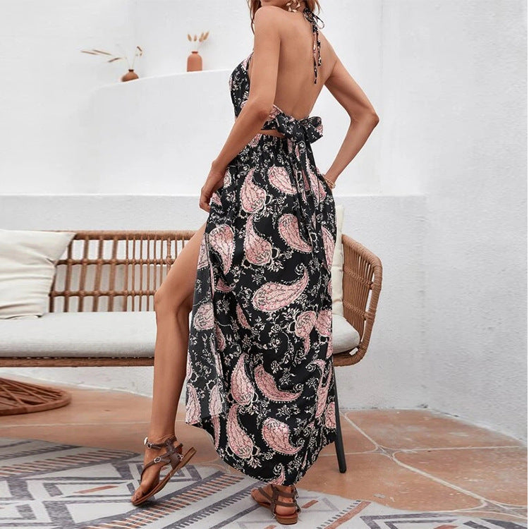 Flume Palm Print Cutout Slit Maxi Dress