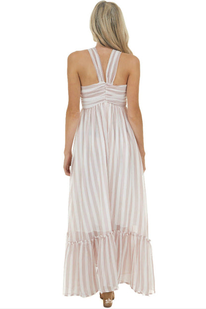 Evelyn Striped Halter Maxi Dress - Blush Multi