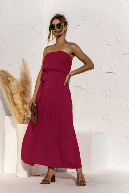 Free Falling Strapless Tiered Maxi Dress - Merlot