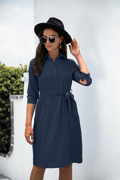 Office Chic Button Down Shirt Dress - Navy