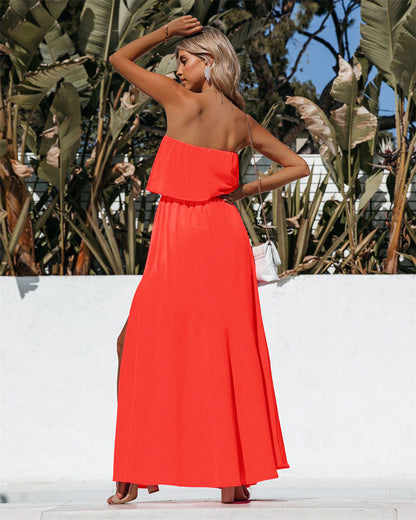 Vivid Strapless Slit Maxi Dress - Bright Orange