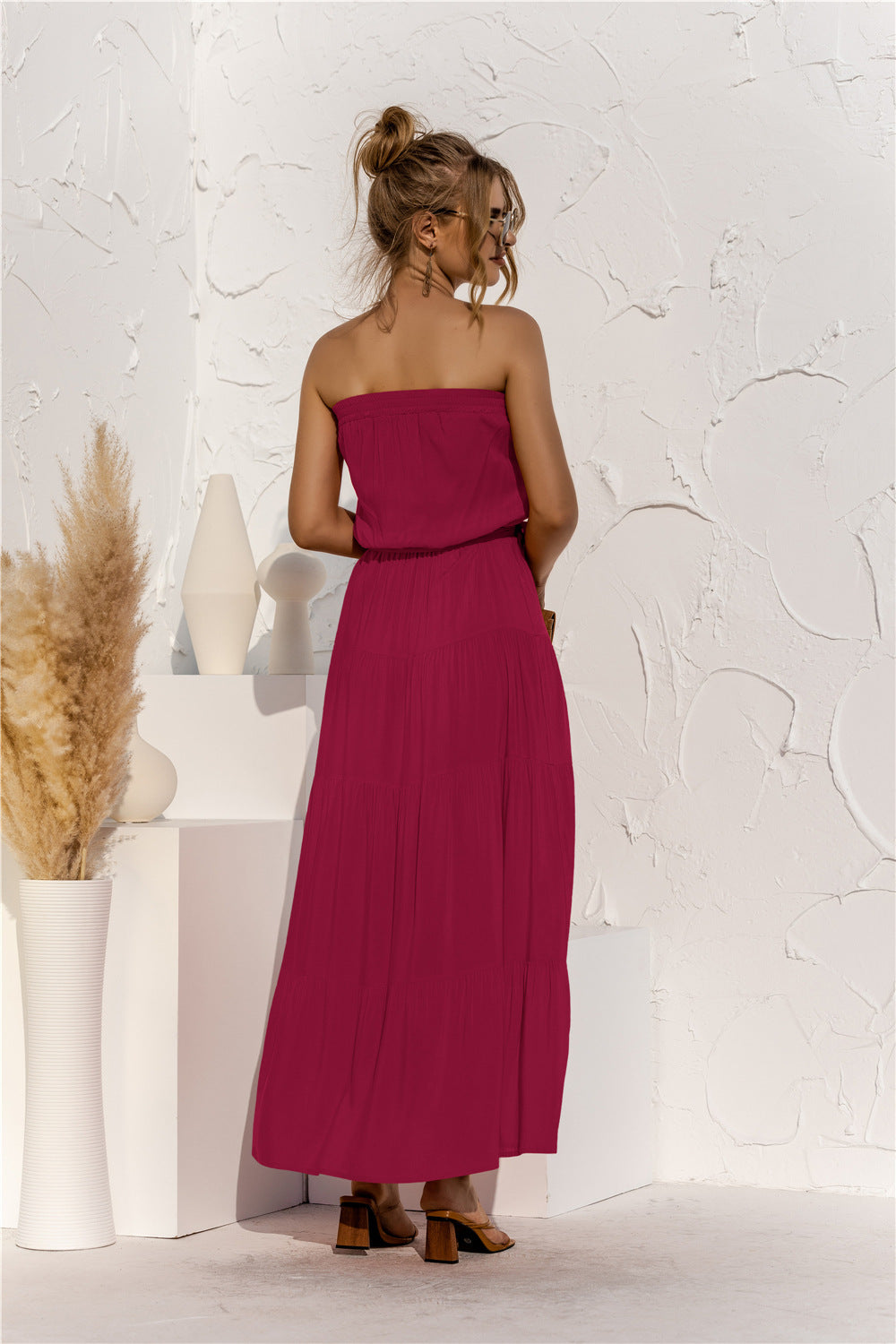 Free Falling Strapless Tiered Maxi Dress - Merlot