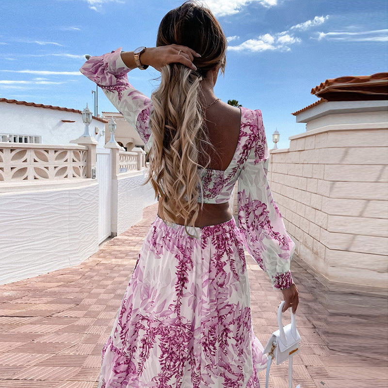 Nostalgic Printed Open Back Maxi Dress